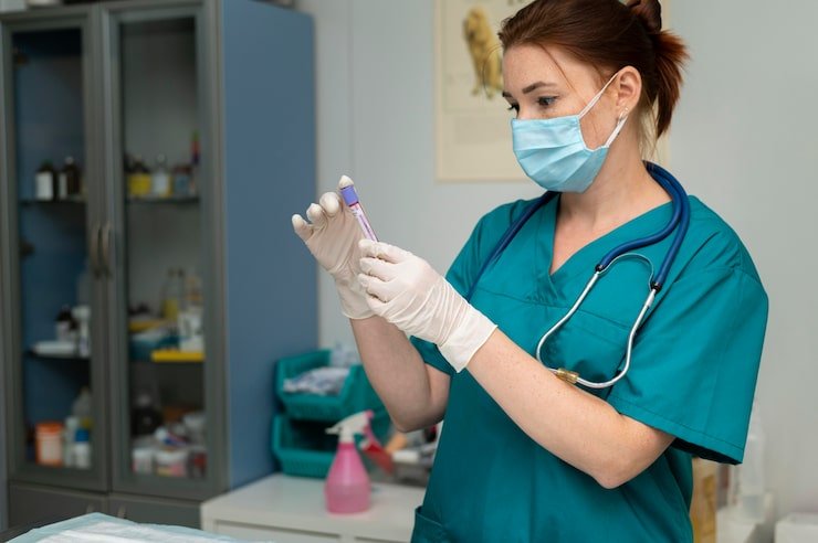 Female veterinarian in teal scrubs and face mask holding a purple-top blood collection tube in a clinic setting.