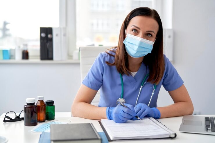 Female veterinarian in teal scrubs and a blue face mask examining a purple-top medical sample vial in a clinic.